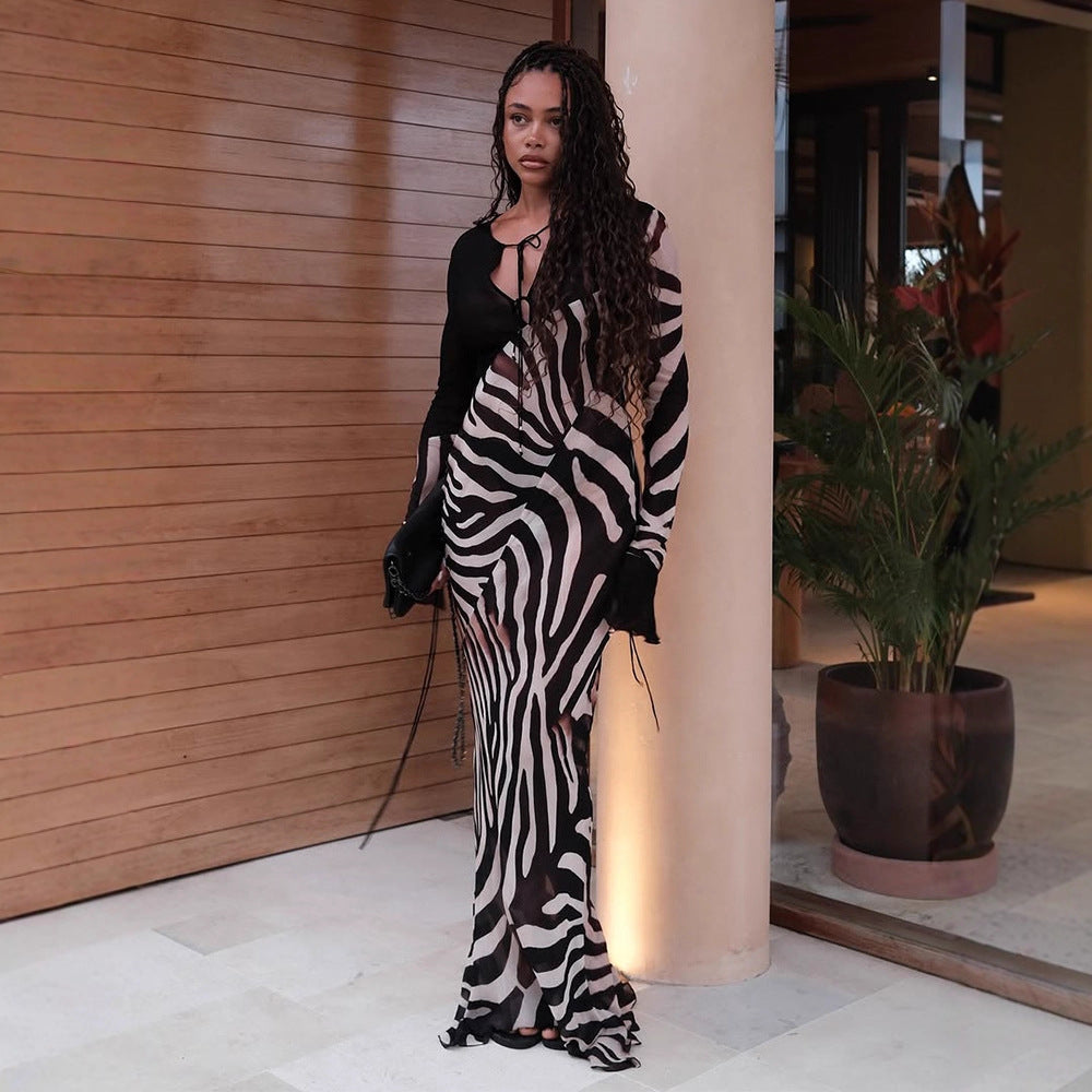 Women's figure-hugging mesh maxi dress with deep V-neck and graphic zebra print EVA-US