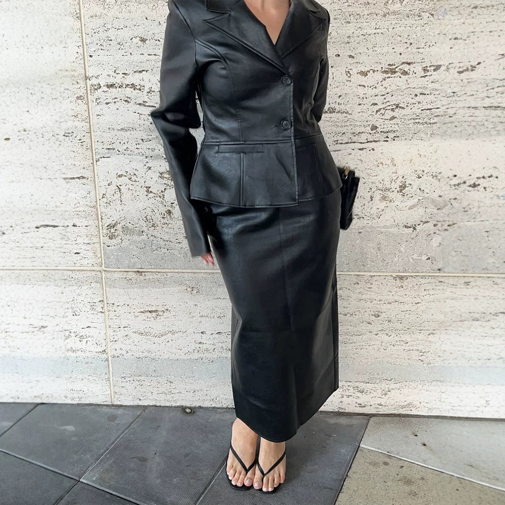 Women's Tailored Blazer made of Faux Leather with French Seams and Notched Lapel EVA-US