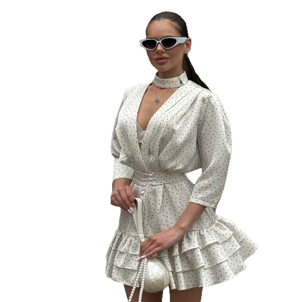 Women's Floral Chiffon Mini Dress with V-Neck, Waist Belt & Ruffle Layers EVA-US