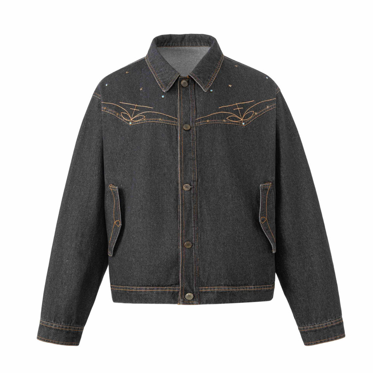 Unisex Boxy-Jeans Jacket with Star Embroidery and Decorative Studs EVA-US