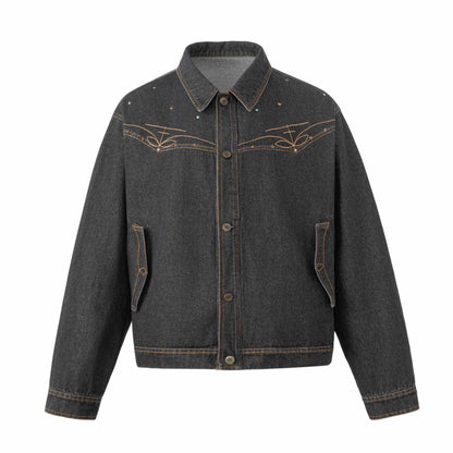 Unisex Boxy-Jeans Jacket with Star Embroidery and Decorative Studs EVA-US