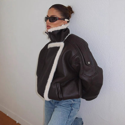 Women's Oversized Pilot Jacket made of Faux Leather with Asymmetrical Faux Fur Trim EVA-US