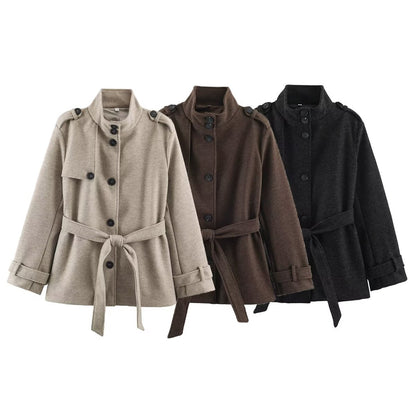 Women’s short trench coat made of wool blend with stand-up collar, epaulettes, and tie belt EVA-US