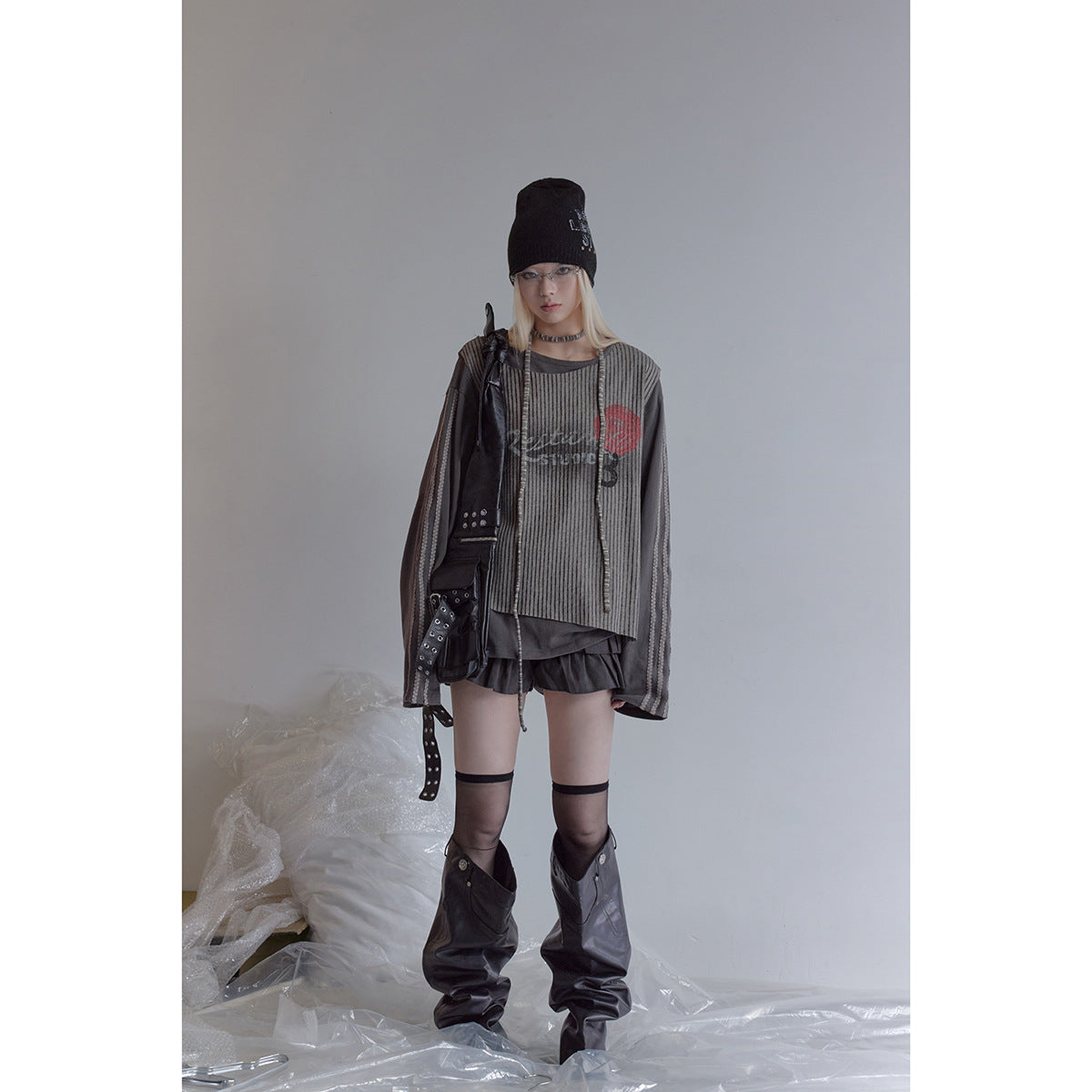 Women Layered Long Sleeve Shirt with Striped Front Panel and Lace Band EVA-US