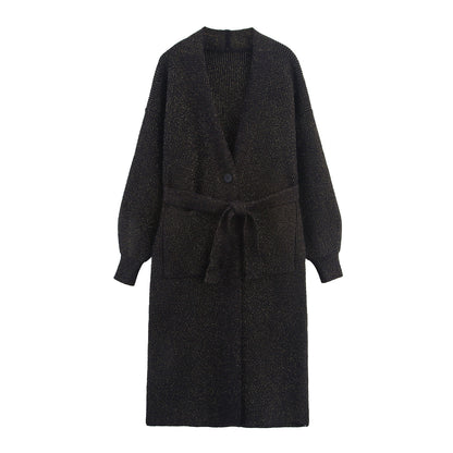 Women's Long Cardigan with Tie Belt, Patch Pockets and Deep V-Neck EVA-US