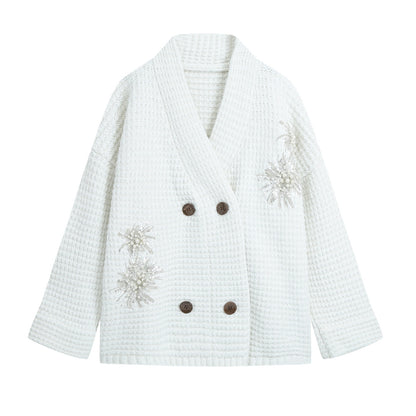 Women Chunky Knit Double-Breasted Cardigan Coat with Shawl Collar and Pearl Sequin Application EVA-US