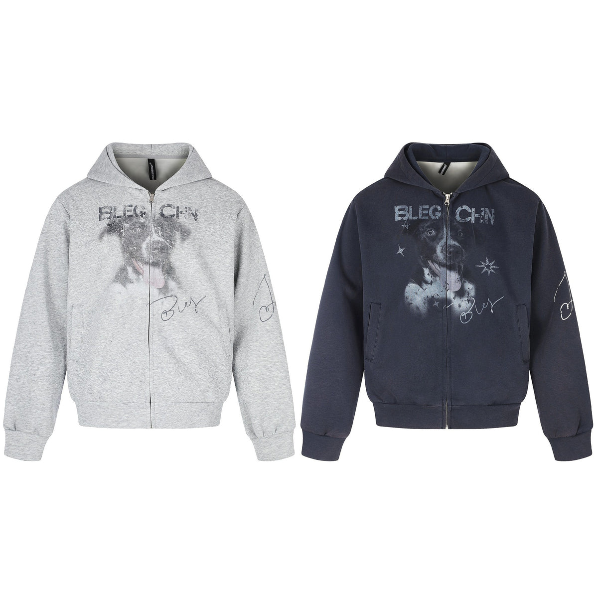 Unisex Short Cut Hooded Zip Jacket with Graphic Dog Print and Ribbed Hem EVA-US