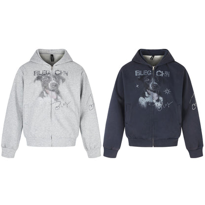 Unisex Short Cut Hooded Zip Jacket with Graphic Dog Print and Ribbed Hem EVA-US