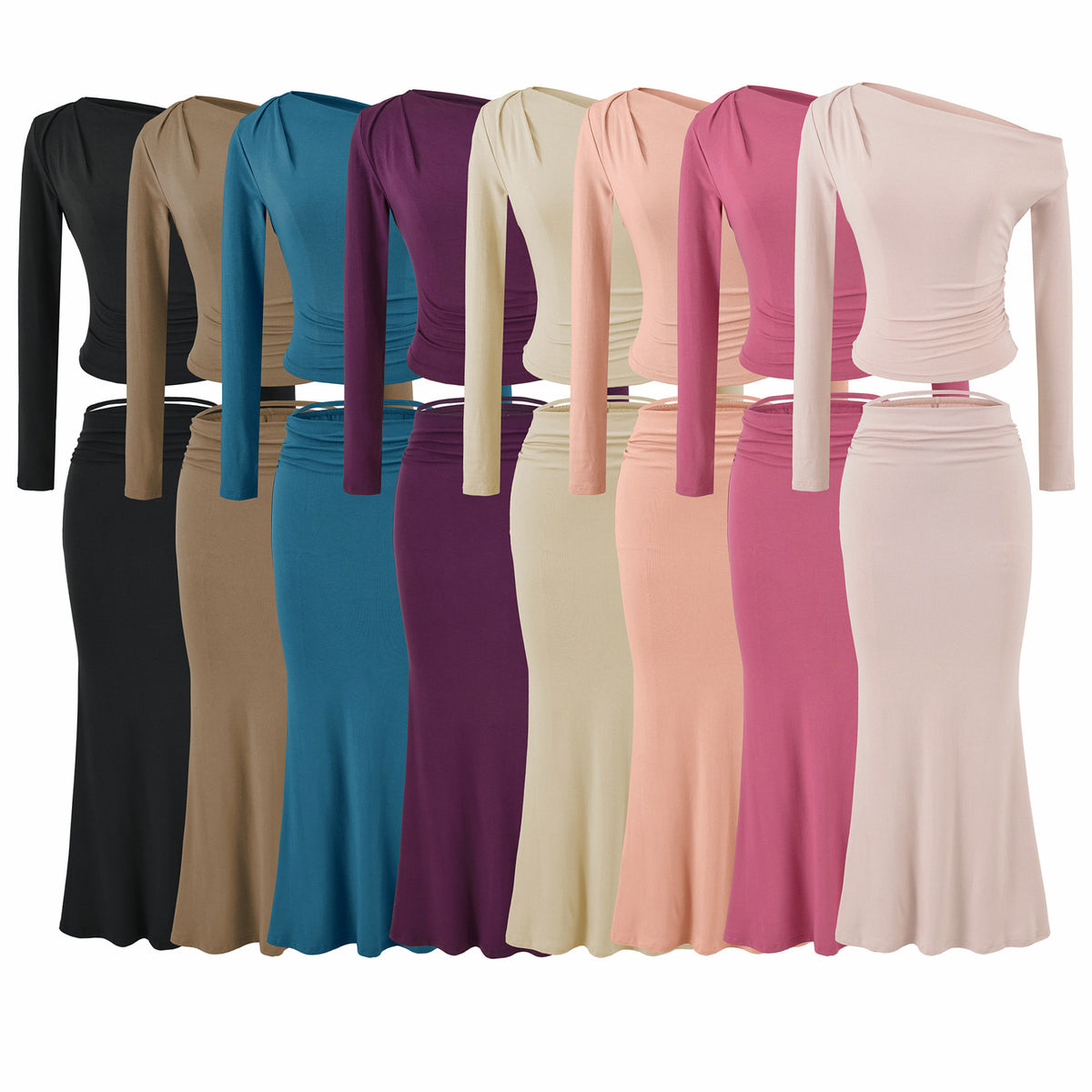Women's One-Shoulder Two-Piece Set with Ruched Crop Top and Fitted Maxi Skirt EVA-US