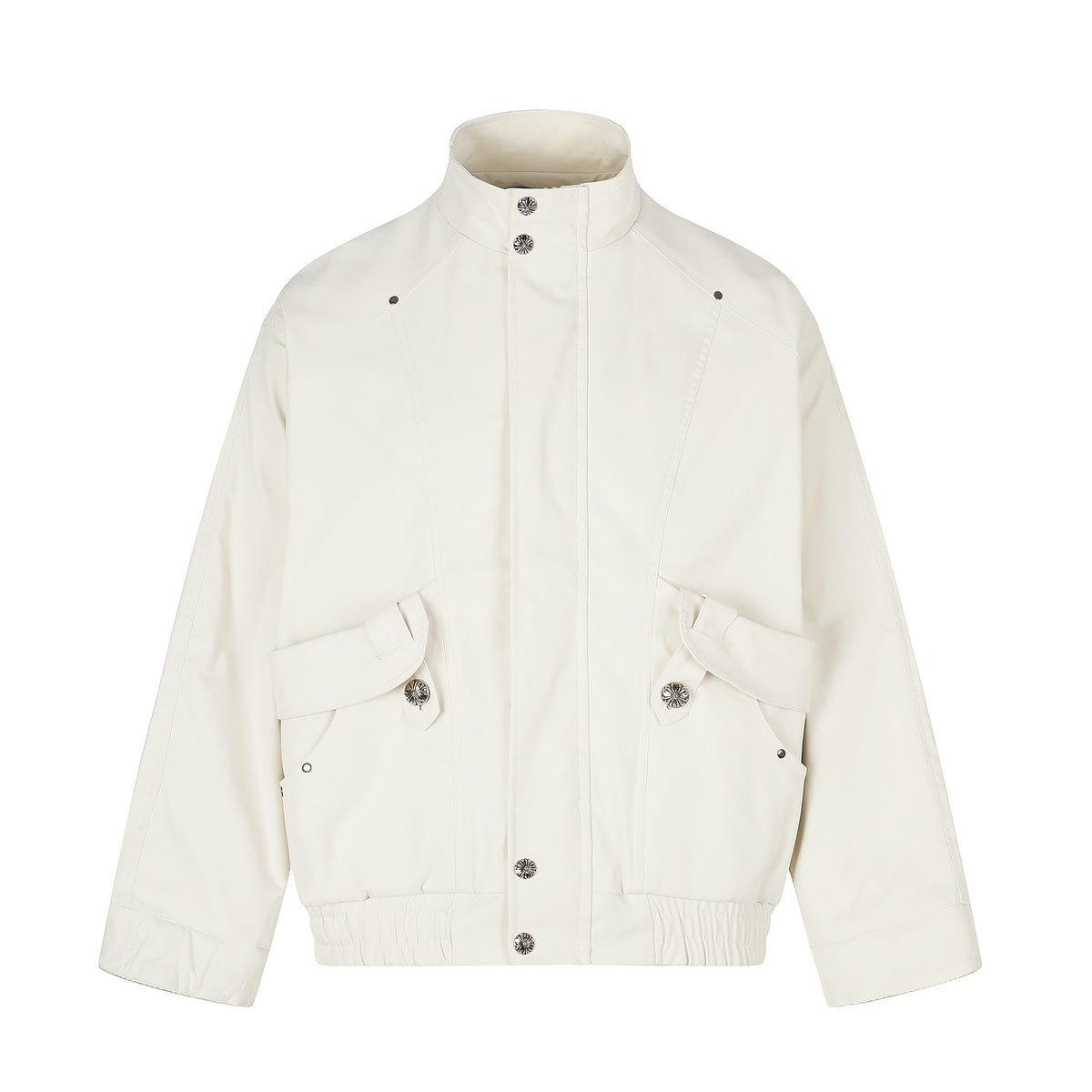 Women's Short Boxy Bomber with High Funnel Neck, Utility Patch Pockets and Elastic Hem Drop