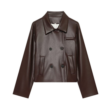 Women's Short Faux Leather Blouson with Double-Breasted Button Placket and Boxy Silhouette EVA-US
