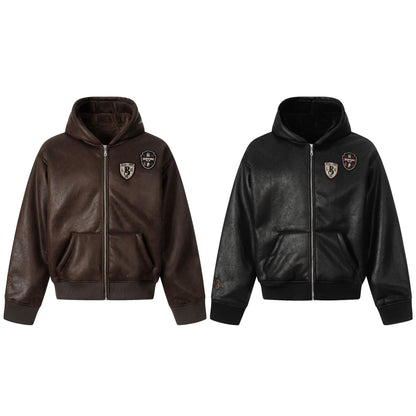 Men's hooded leather jacket with teddy lining and ribbed cuffs EVA-US