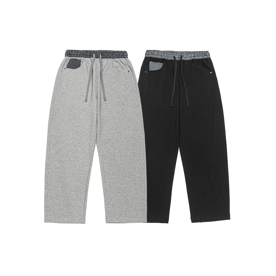 Women's Cropped Relaxed Jogging Pants with Elastic Drawstring, Check Detail, and Decorative Seams