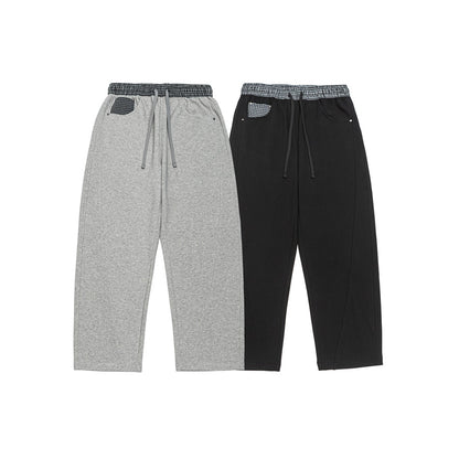 Women's Cropped Relaxed Jogging Pants with Elastic Drawstring, Check Detail, and Decorative Seams