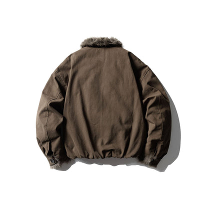 Unisex Short-cut Boxy Bomber Jacket with Faux Fur Trim and Button Placket EVA-US