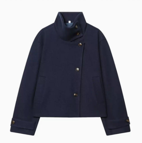 Women's 9800+ short boxy wool blend jacket with high funnel collar, asymmetrical button placket and adjustable cuffs EVA-US