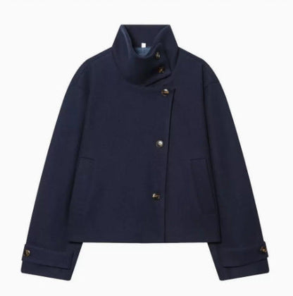 Women's 9800+ short boxy wool blend jacket with high funnel collar, asymmetrical button placket and adjustable cuffs EVA-US