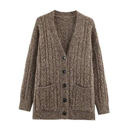 Women Large Knitted Oversize Cardigan with Cable Knit V-Neck and Patch Pockets EVA-US