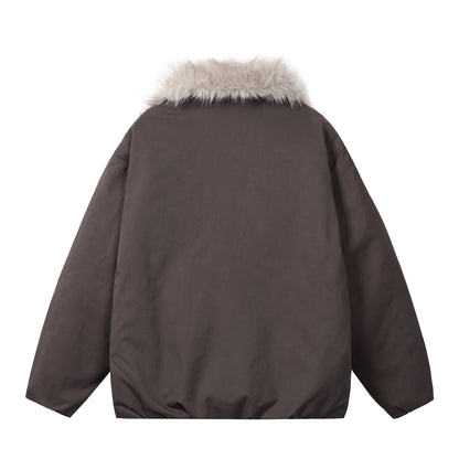 Women's short jacket in boxy cut with voluminous faux fur collar and two-way zipper EVA-US
