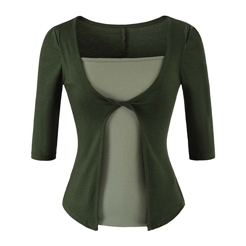 Women Layered Look Shirt with Knot Front, Three-Quarter Sleeves and Integrated Under Top EVA-US