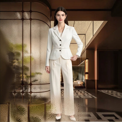 Women Tailored Pinstripe Blazer and Palazzo Pants Set EVA-US