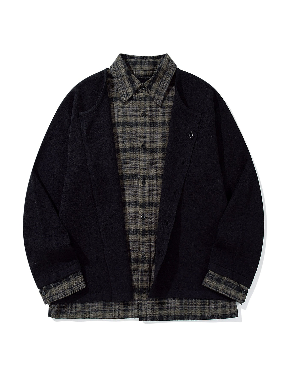 Men's Checked Flannel Shirt Layer with Open Knit Cardigan EVA-US
