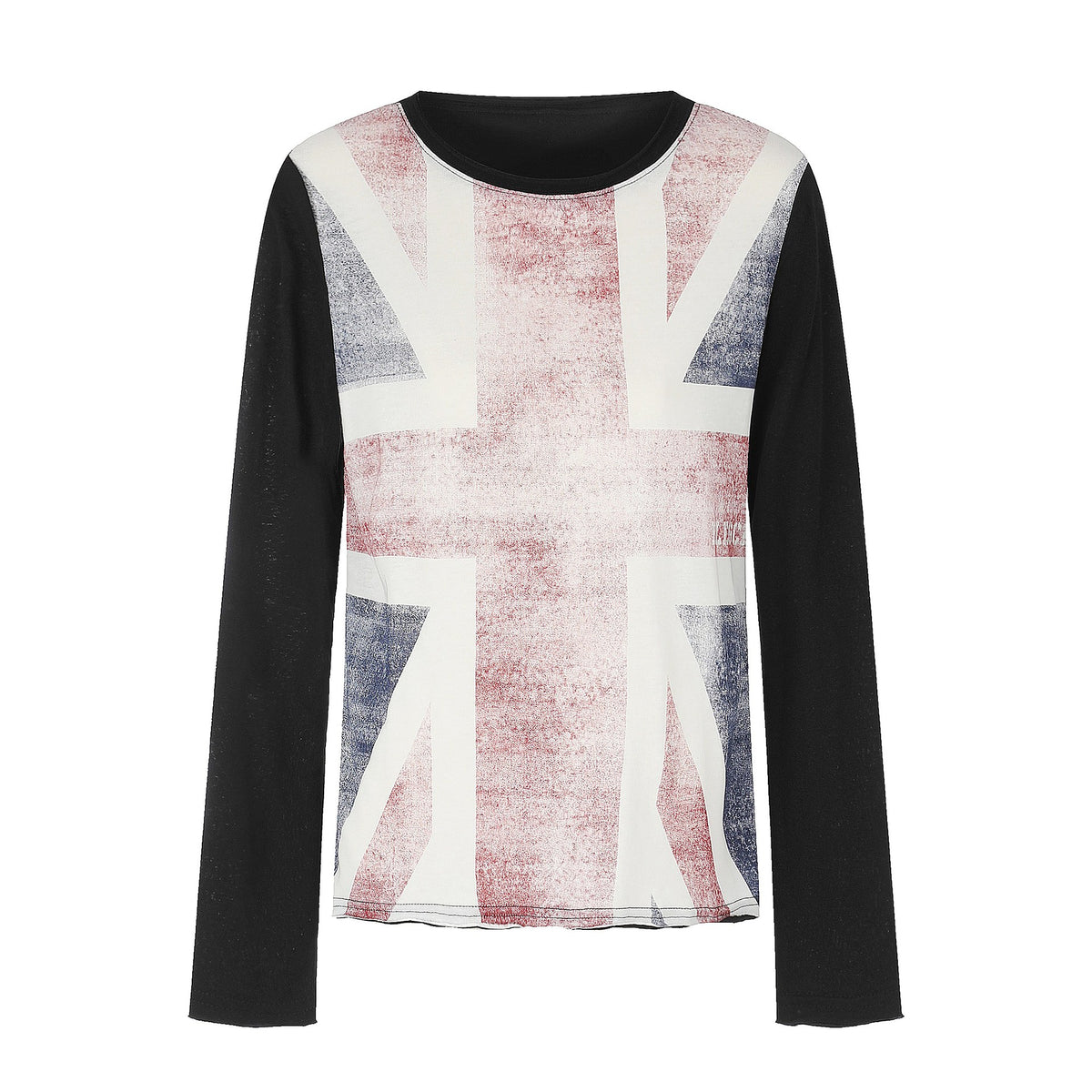 Women’s Crew Neck Long Sleeve made of Cotton Blend with Vintage Union Jack Print and Contrast Sleeves EVA-US