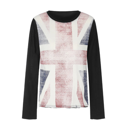 Women’s Crew Neck Long Sleeve made of Cotton Blend with Vintage Union Jack Print and Contrast Sleeves EVA-US