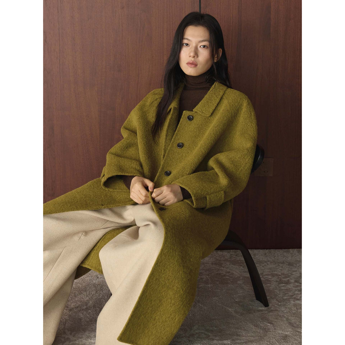 Women's Wide Cut Wool Blend Coat with Boucle Texture and Patch Pockets EVA-US