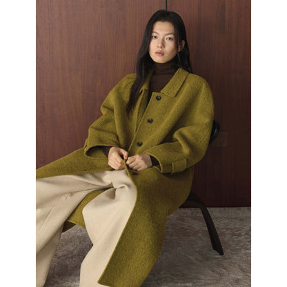 Women's Wide Cut Wool Blend Coat with Boucle Texture and Patch Pockets EVA-US