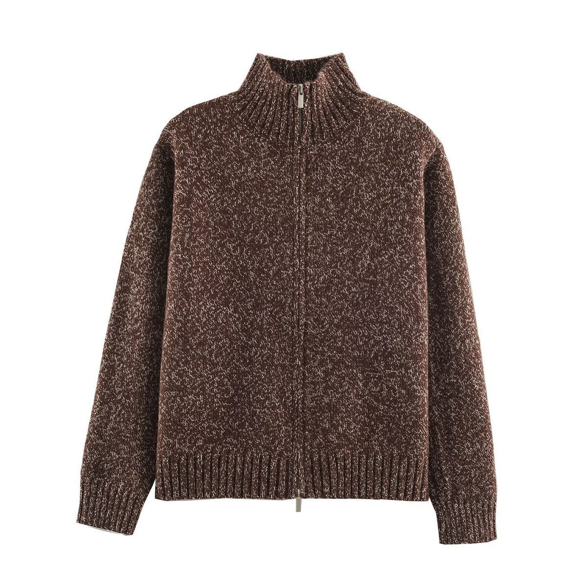 Women's Chunky Knit Zip Sweater with Stand-Up Collar and Ribbed Hem EVA-US