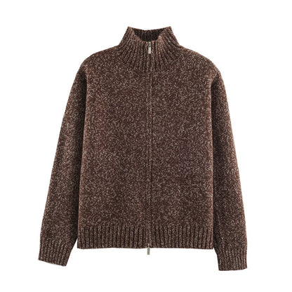 Women's Chunky Knit Zip Sweater with Stand-Up Collar and Ribbed Hem EVA-US