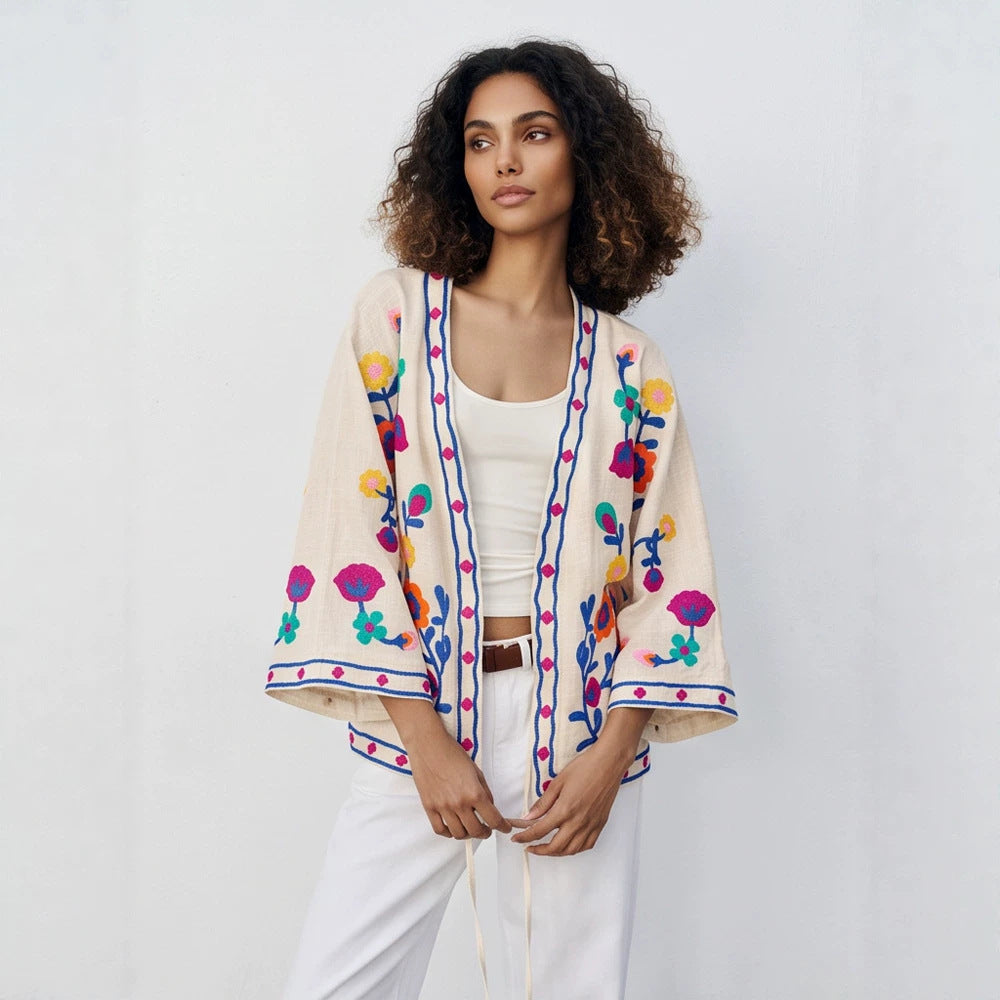 Women embroidered linen wrap jacket with folkloric flower appliqués EVA-US