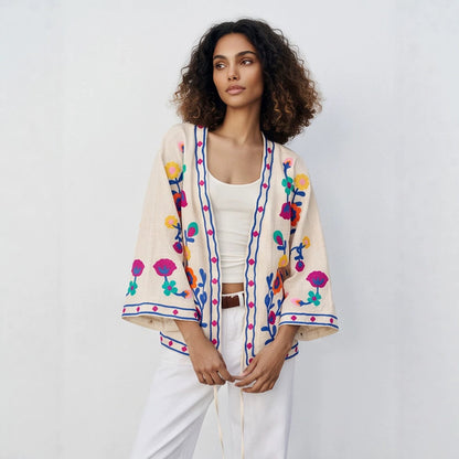 Women embroidered linen wrap jacket with folkloric flower appliqués EVA-US