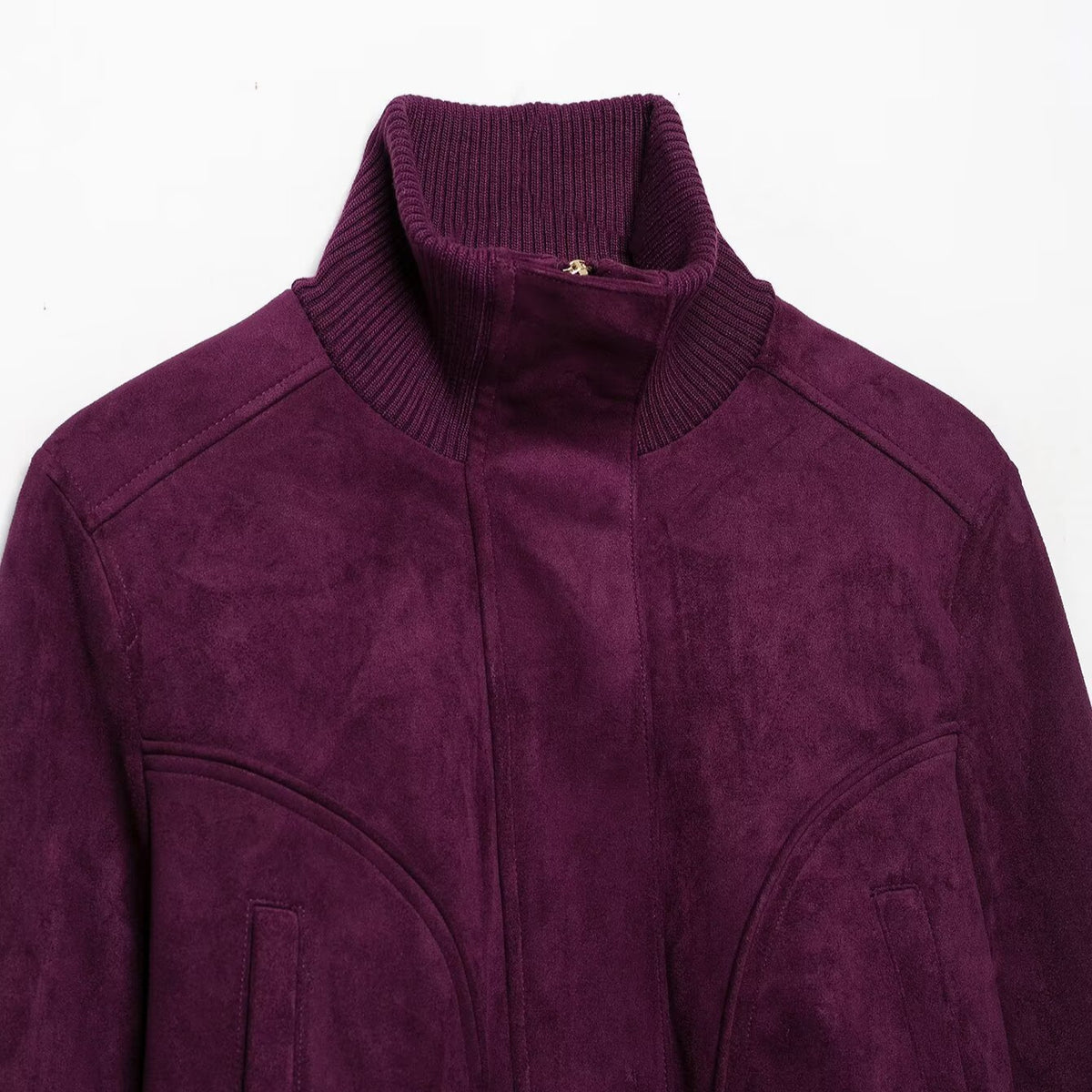 Women Cropped Velvet Jacket in Bomber Style with High Ribbed Collar and Waistband EVA-US