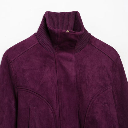 Women Cropped Velvet Jacket in Bomber Style with High Ribbed Collar and Waistband EVA-US