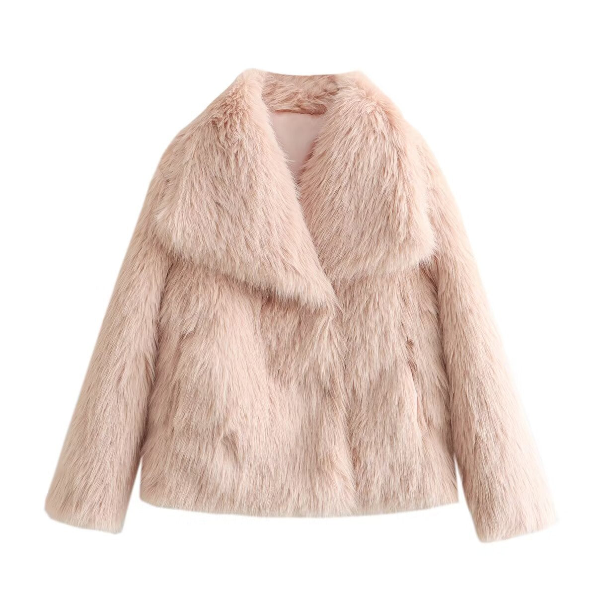 Women's Short Faux Fur Jacket with Wide Shawl Collar EVA-US