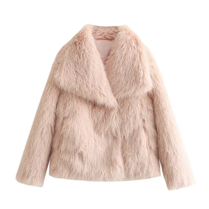 Women's Short Faux Fur Jacket with Wide Shawl Collar EVA-US