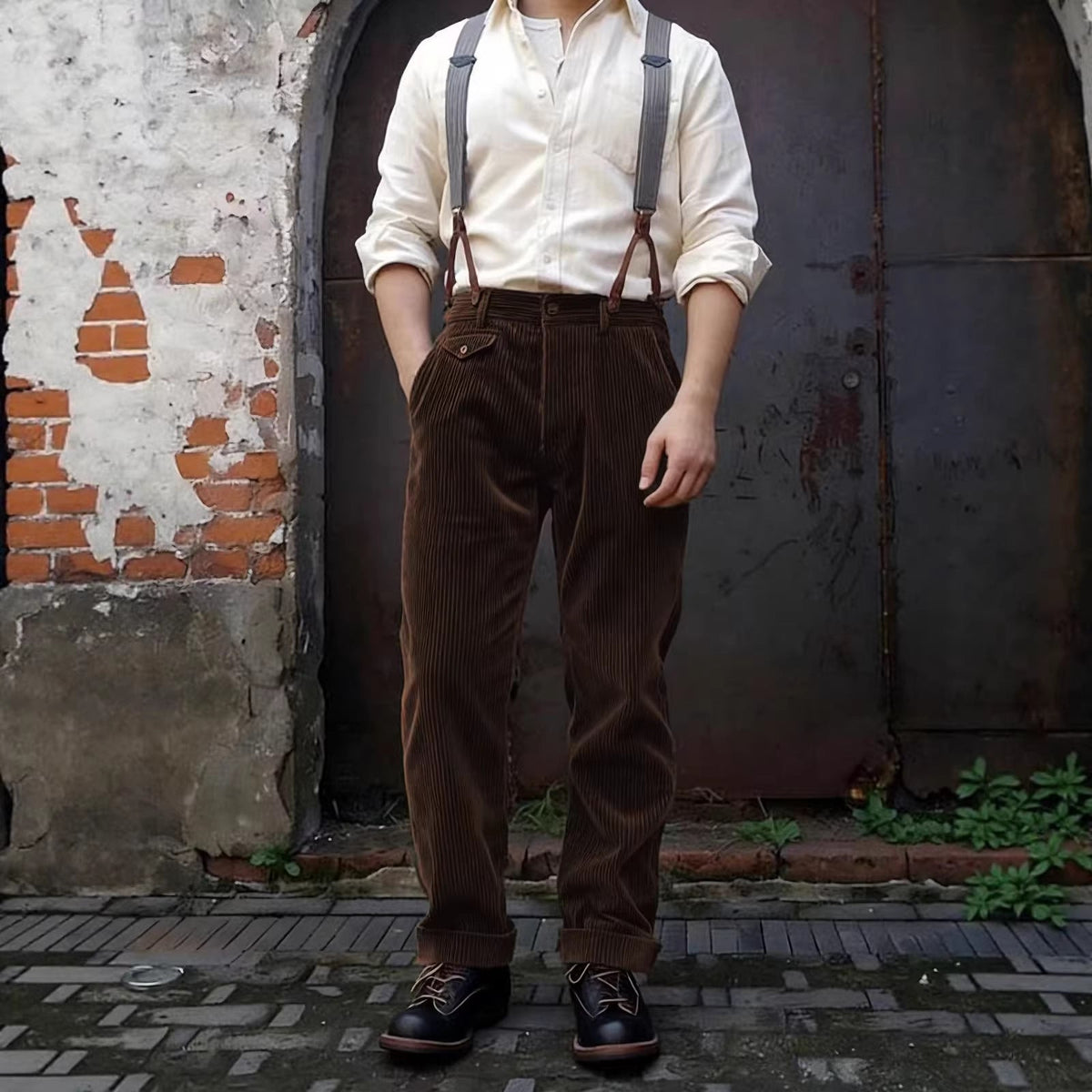 Men's corduroy pants with high waist, wide cord and buttoned flap pocket EVA-US