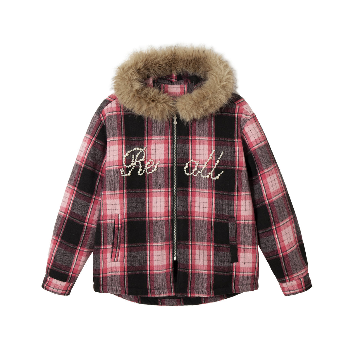 Women's checked wool blend blouson with detachable faux fur collar and pearl appliqué EVA-US