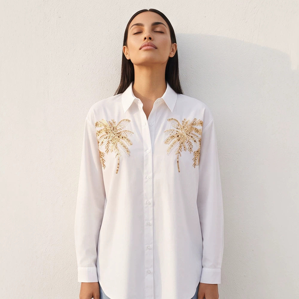 Women's shirt blouse with sequin palm applique, oversized cut & classic collar EVA-US