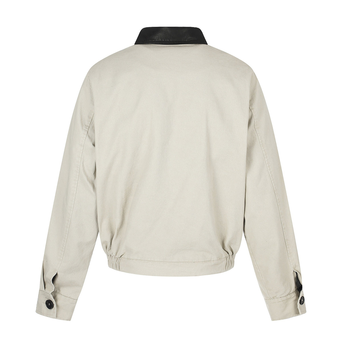 Men's short-cut boxy blouson with asymmetrical button placket, waist belt, and contrast collar EVA-US