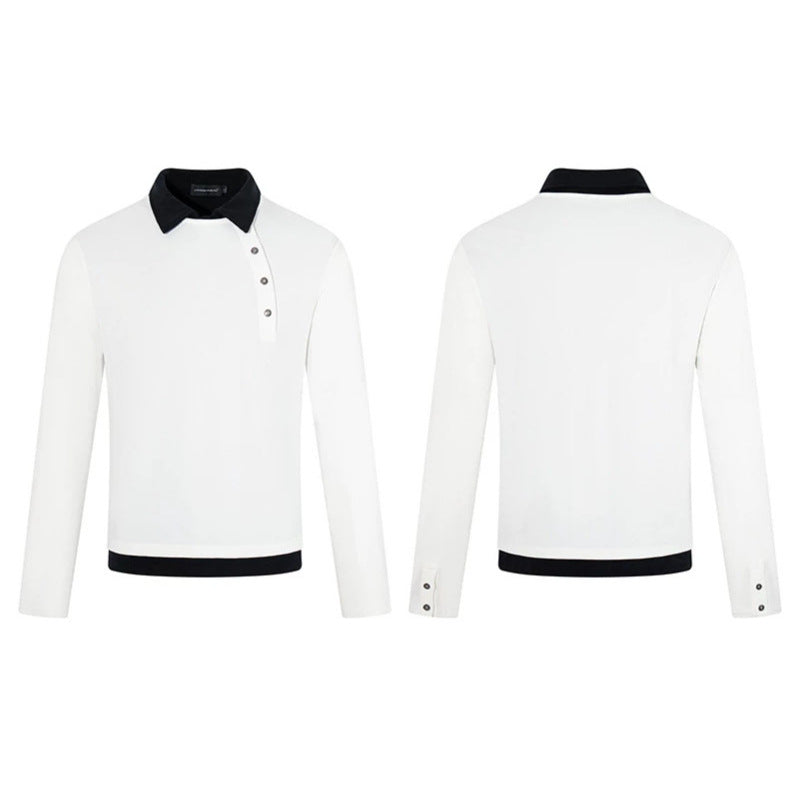Men's long-sleeve polo shirt with asymmetrical button placket and contrasting collar EVA-US