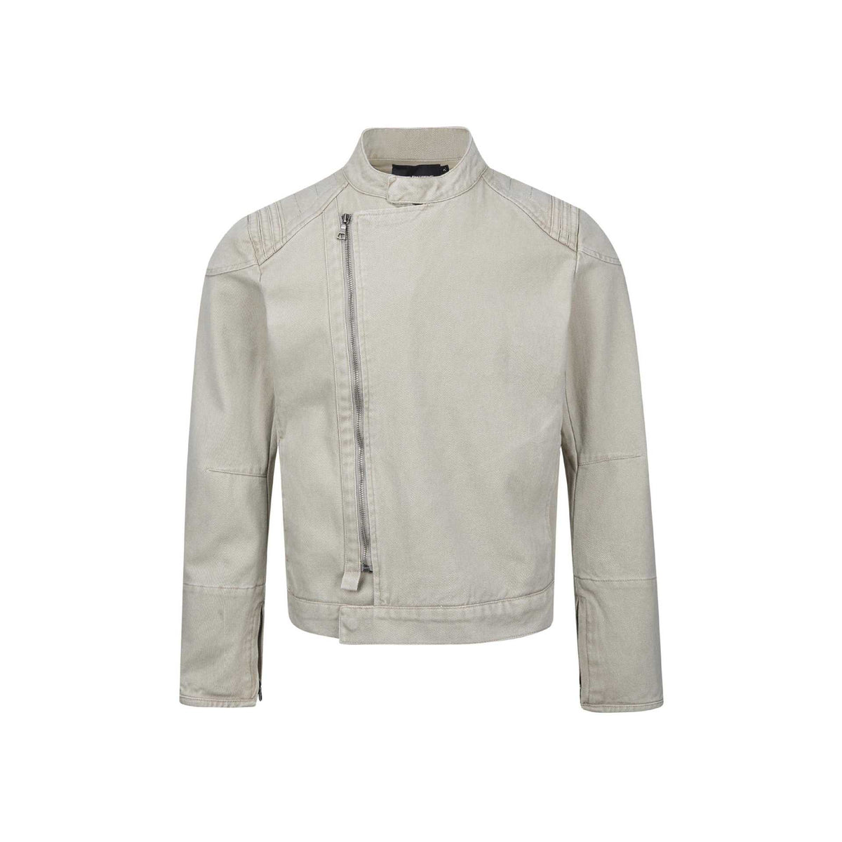 Men's short-cut asymmetric canvas biker jacket with funnel collar and zipper detail EVA-US
