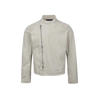 Men's short-cut asymmetric canvas biker jacket with funnel collar and zipper detail EVA-US