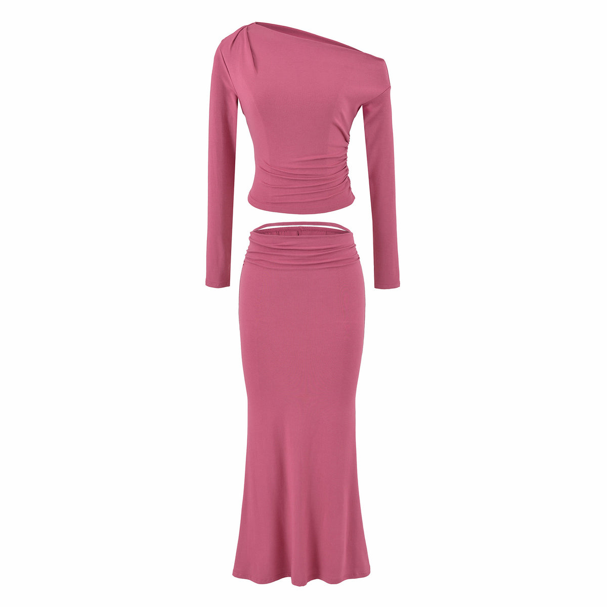 Women's One-Shoulder Two-Piece Set with Ruched Crop Top and Fitted Maxi Skirt EVA-US