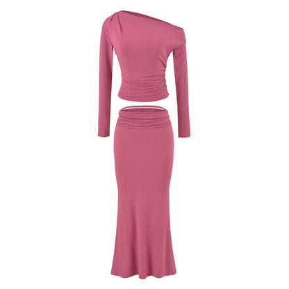 Women's One-Shoulder Two-Piece Set with Ruched Crop Top and Fitted Maxi Skirt EVA-US
