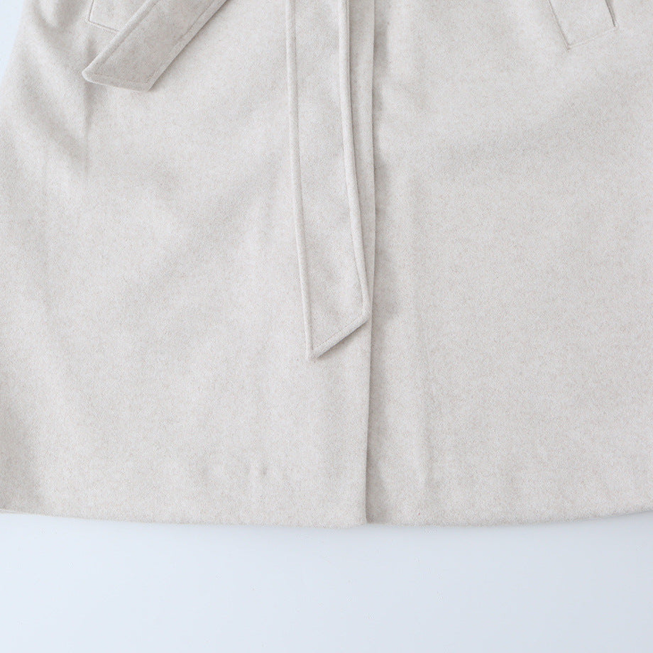 Women's Midi-Length Wool Blend Coat with Shawl Collar and Tie Belt EVA-US