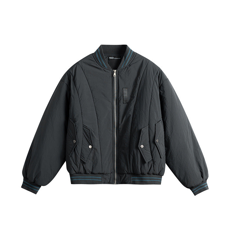 Men's Short Boxy Windproof Nylon Bomber Jacket with Contrasting Ribbed Cuffs and Flap Pockets EVA-US
