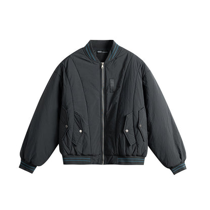 Men's Short Boxy Windproof Nylon Bomber Jacket with Contrasting Ribbed Cuffs and Flap Pockets EVA-US